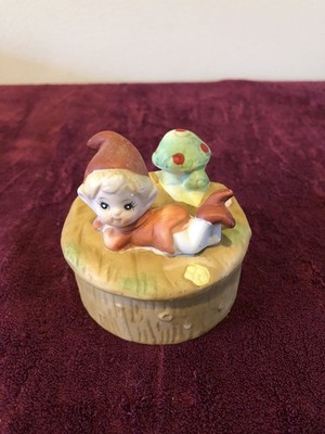 HOMCO 5404 Pixie Elf Boy By Mushroom Garden Trinket Dish Orange/Brown