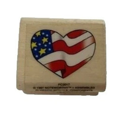 Vintage 1997 Noteworthy Wooden Handle Rubber Stamp ''Heart American Flag''