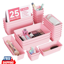 25 PCS Plastic Drawer Organizers Set, 4-Sizes Vanity and Makeup Organizer, Desk