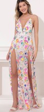 LUCY IN THE SKY Maxi Dress White Multicolor Sequins Party Prom Sheer Size M