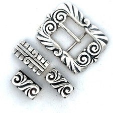 Antique Taxco Sterling Silver Mexican Scroll Engraved 4 Pc Set Loop Belt Buckle