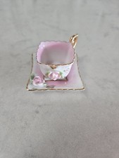 RARE MINIATURE SQUARE-SHAPED SCALLOPED TEACUP  SAUCER EACH W/ RAISED PINK ROSES