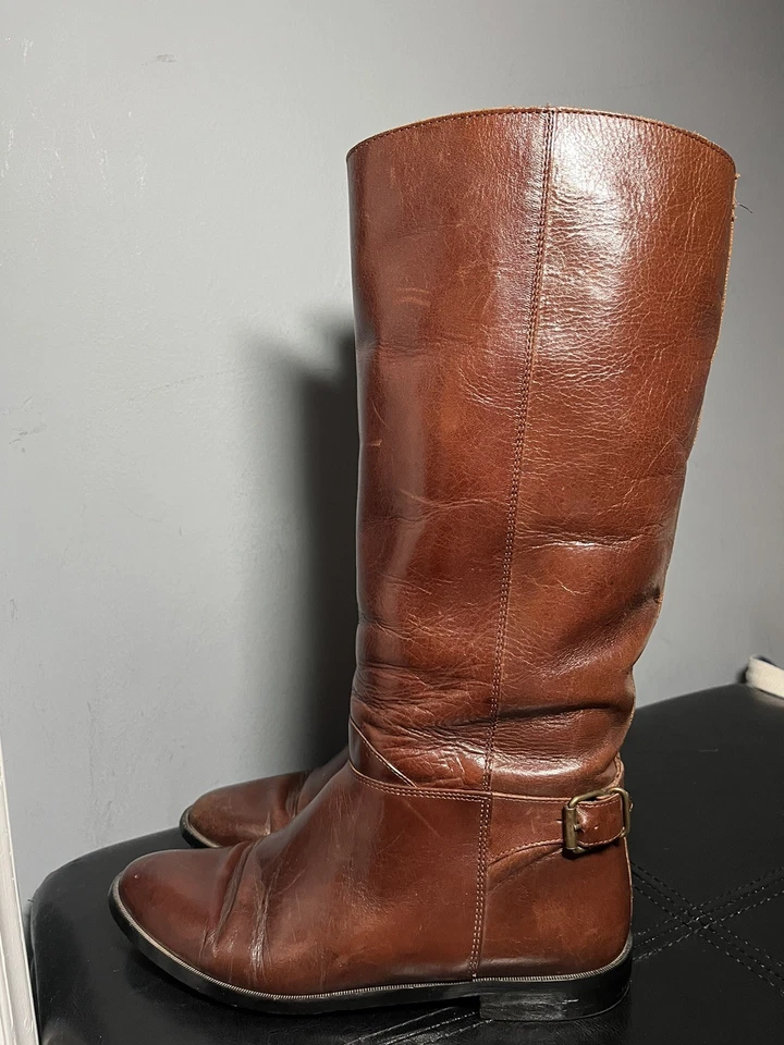 Botas de Montar Altas Ecuestres De Colección Pull On 8 Cuero Marrón Hasta la Rodilla Hechas en Italia Foto 4 de 4