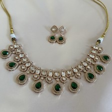 Moissanite Gold Tone Jewellery Set Necklace & Earrings Green Teardrop