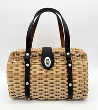 Vintage British Hong Kong Wicker Handbag Basket Purse Leather Handles Box Bag