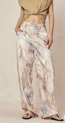 MICAS Marble Print High Waisted Full-length Straight Leg Beige Pants - Size XL