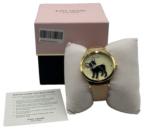Authentic Kate Spade Gold Plated Black Frenchie French Bulldog Leather Watch KSW1345