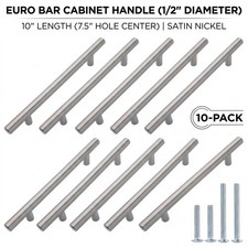 10PC Euro Bar Cabinet Handles 10 Inch Satin Nickel 7.5 Inch Hole Center Modern