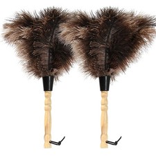 Genuine Ostrich Feather Duster, 14in Fluffy, Eco Friendly, Wood Handle, Brown