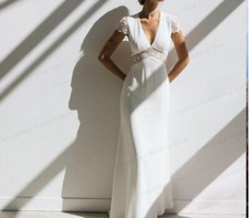 Retro Bohemian Wedding Dress Short Sleeves A-line lace Backless Gown Court Train