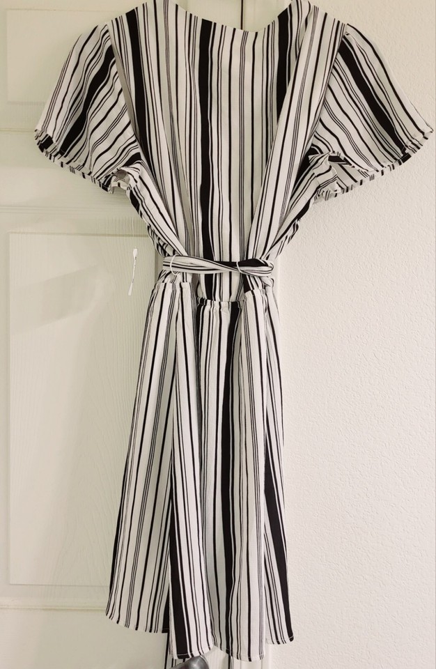 NWT New White Black Vertical Stripe Dress With Tie. Originally 29.99 eBay