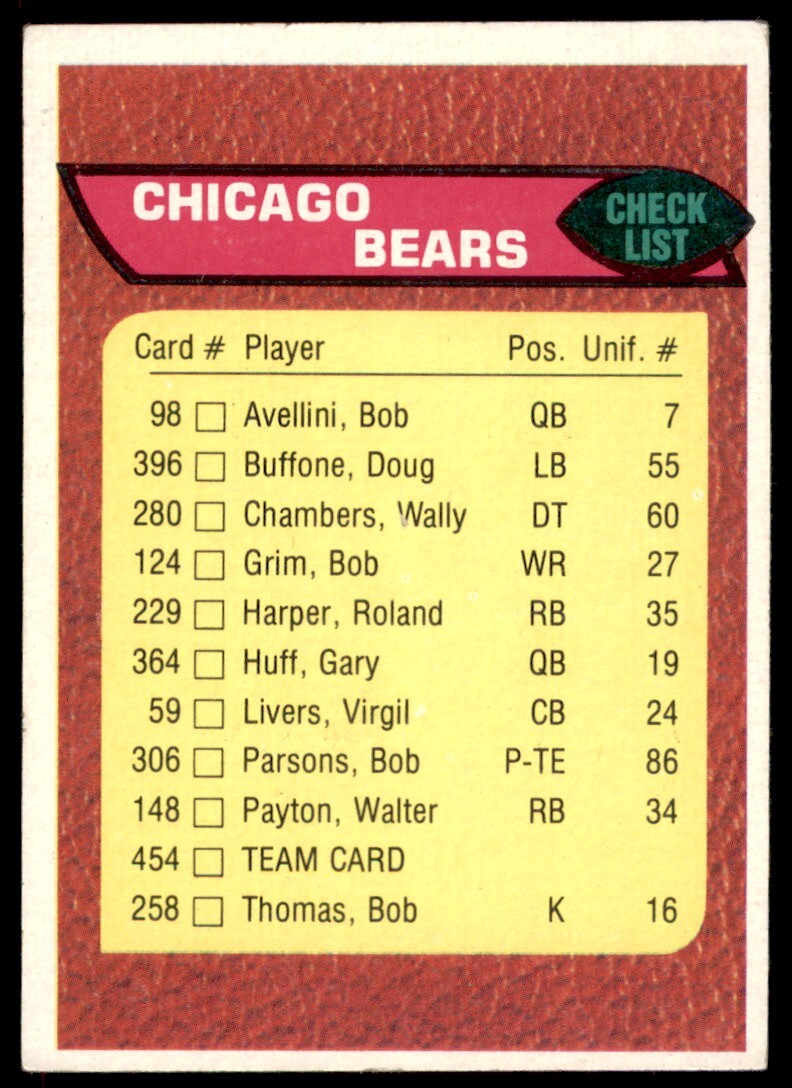 1976 Topps Team Checklist Chicago Bears (Unmarked) #454 EX