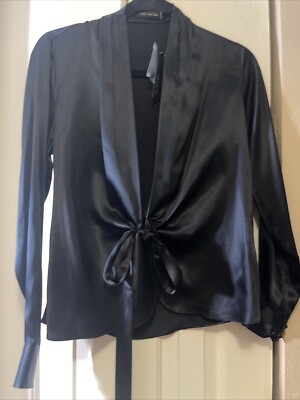NWT THE LIMITED Silk BLACK Blouse Women XS Long Sleeve Collar FRONT STRAPS BOW