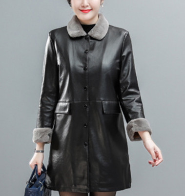Womens Leather Coats Fur Lined Mid Length Jacket Warm Slim Button Casual Outwear