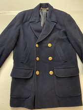 Liz Wear Claiborne Navy Blue Double Breasted Coat Gold Button Jacket Wool Blend
