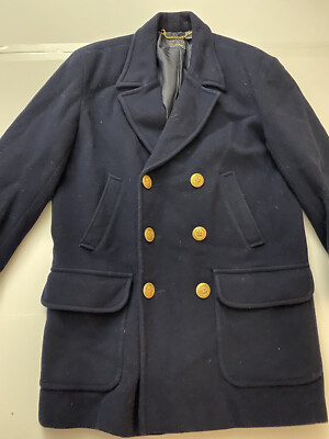 Liz Wear Claiborne Navy Blue Double Breasted Coat Gold Button Jacket Wool  Blend