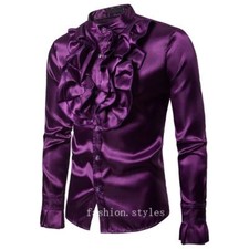 Men Faux Silk Satin Ruffle Shirt Tops Long Sleeve Fancy Clothes Victorian Retro
