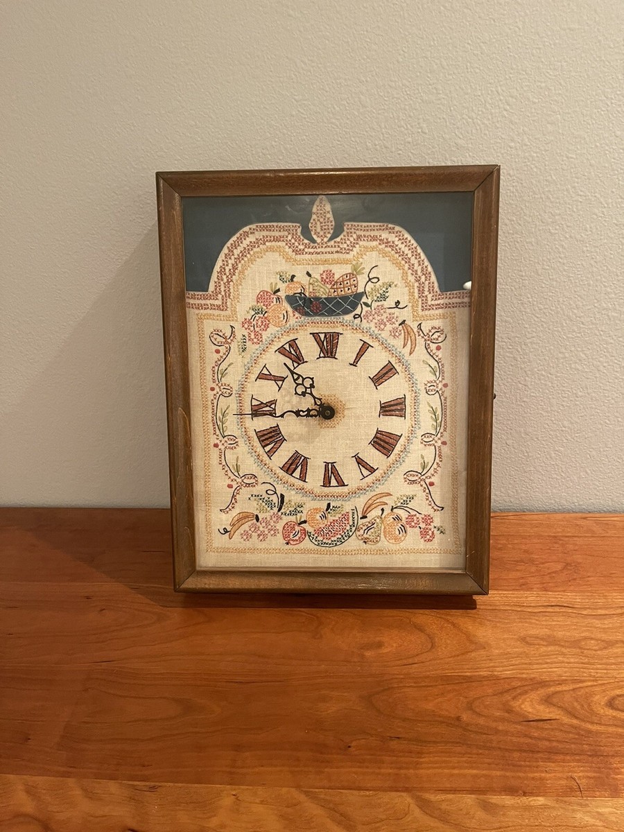 Americana hand embroidered needlepoint wall clock, 18 x 13.5