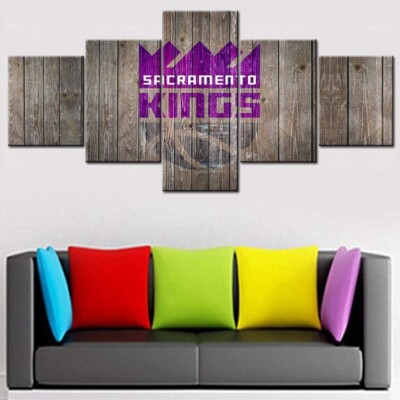 NBA Basketball Team Sacramento Kings Logo Rustic Wood 5 Piece Canvas Wall Art