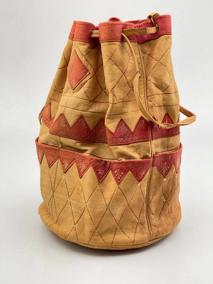 Vintage 1960's Moroccan Painted Drawstring Hand Bag Purse Hobo Leather Handbag - Image 2 of 4