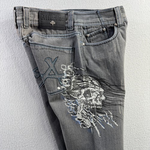 Affliction Jeans Mens 30x34 (Fits 30x33) Gray Denim Embroidered Skull Y2K
