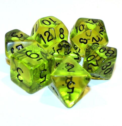 7 Piece Polyhedral Dice Set - Boiled Bile Translucent Yellow Green- Cream Bag - Picture 1 of 2