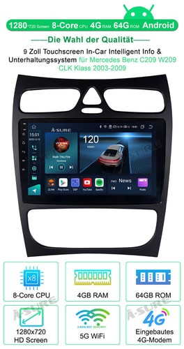 4+64GB Autoradio Für Mercedes Benz CLK Klasse C209 2003 Android 14 Navi CarPlay - Zdjęcie 3 z 13