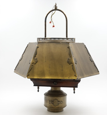 Colonial Style Hanging Lamp 23½'' Tall Riveted 6 Panel Brass and Walnut 2 lights