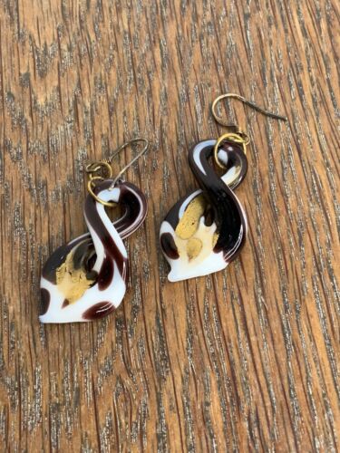 Murano Italian Glass Brown White Gold Twisted Teardrop Earrings Set - Picture 1 of 4