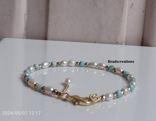 3 mm Weiße Perle und Larimar Perlen Perlenschmuck Larimar Armband Geschenk Her - Bild 3 von 5