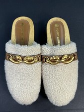 Tory Burch Shearling Jessa Size 9M Gold Horsebit Platform Wooden Clogs Shoes