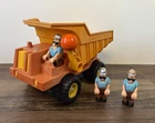 Vintage Fisher Price Husky Helpers Toy Dump Truck Bed Tilts With Figures