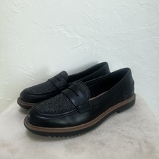 Clarks Raisie Eletta Black Leather Tweed Comfort Penny Loafers Women's Sz 6M