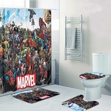 Top Superheroes Collage Print Shower Curtain Bath Mat Toilet Lid Cover Mat