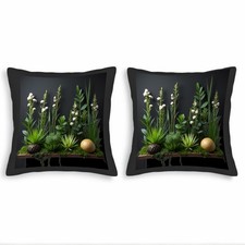 Set of 2 Botanical Throw Pillow Covers 18x18in - Green Plants  White Flowers