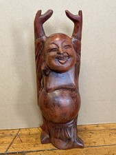 Vintage Chinese Laughing Buddha Hand Carved Wood Statue Prosperity 12" Figure