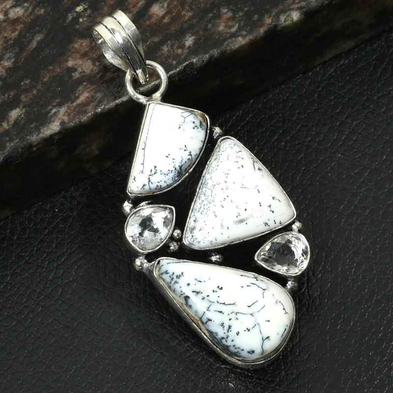 Dendrite Opal White Topaz Gemstone Ethnic Handmade Pendant Jewelry 2.4" AP-37560