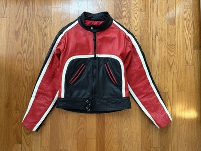 Vintage Leather Racing Jacket Red Black White Moto Biker Y2K Zip Up Streetwear