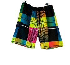 OP Men's Board Shorts Multicolor NEON Plaid Size 32 Pockets Drawstring