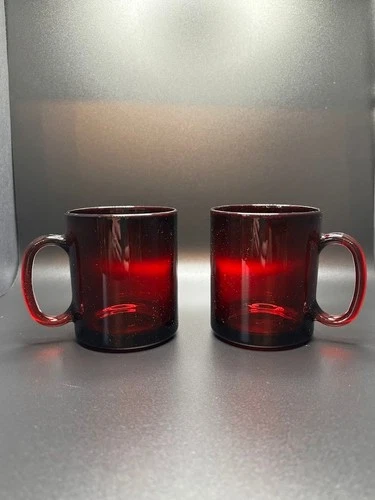 Vintage Arcoroc France Ruby Red Classique Set of Two 3-5/8" Glass Mugs