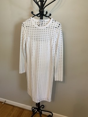 Alexander Wang White Cotton Sheath Dress M Crew Neck Long Sleeve Knee Length