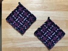 Handmade 2 Beautiful Cotton Woven Potholders 3 Colors Navy Plum and Lavender