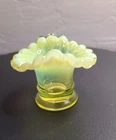 Uranium Vaseline Topaz Opalescent Mini Vase 2” Tall Fenton "37"  Crimp