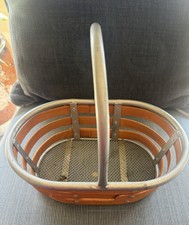 Oval Wood  Metal Basket with Handle, Mesh Bottom, 10"H x 12"L, Brown Silver