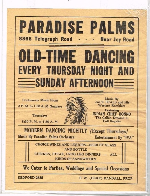 Vintage Dance Flyer; Paradise Palms; Old-Time and Modern Dancing; Telegraph Rd.