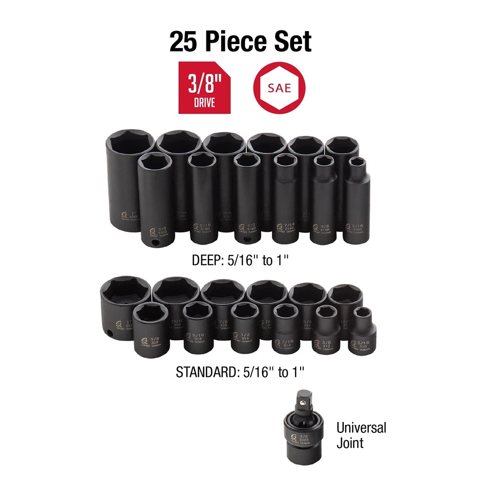 3325 3/8-Inch Drive SAE Master Impact Socket Set., Standard/Deep, 6-Point, Cr... - Image 2 of 4