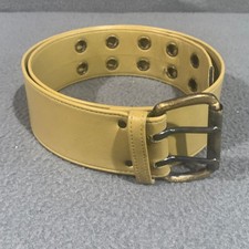 Vintage Style Wide Tan Faux Leather Double Grommet Belt Antique Brass Buckle