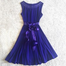 Royal Blue Dress Swing A-Line Evening Beaded Workwear Night Out Ribbon Sash S