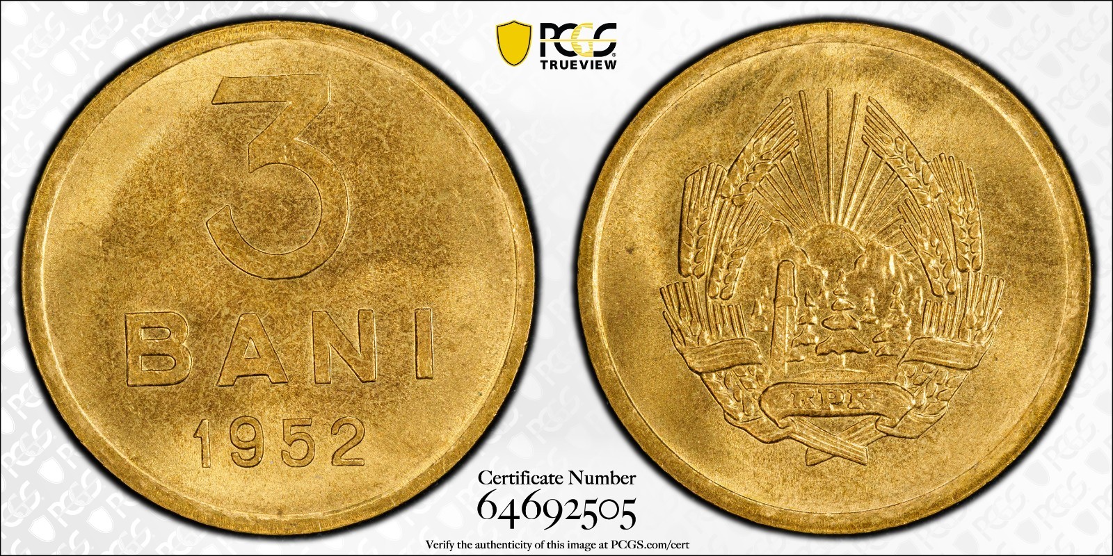 Romania 3 Bani 1952 PCGS MS 65