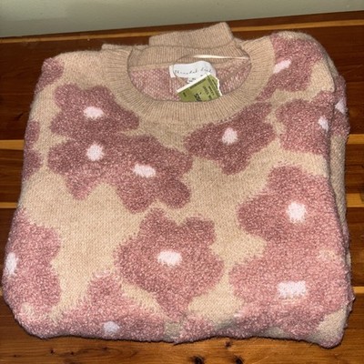 Threaded Leaf Tan Pink Floral Textured Knit Crew Neck Pullover Sweater XL Women